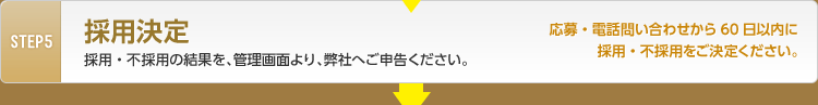 STEP5 採用決定 採用・不採用の結果を、管理画面より、弊社へご申告ください。 採用した方が30日(暦での日数)いないに退職した場合、成功報酬額を70%割引いたします。